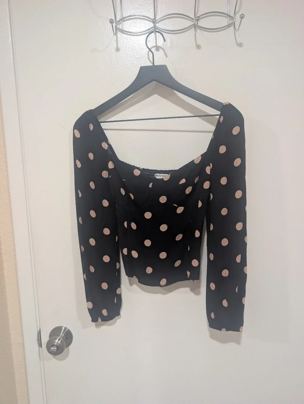 Reformation Black And Pink Polka Dot Smocked Top